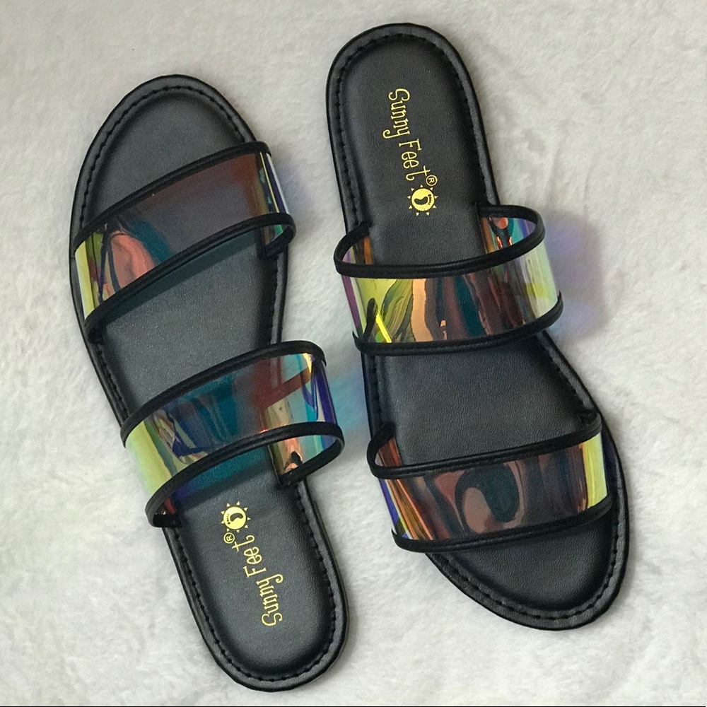 Slide on black and “unicorn” PVC strap sandals